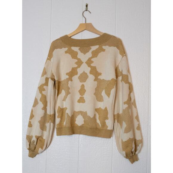 CAROLINE CONSTAS Camo Wool Knit Metallic Balloon Sleeve Crewneck Sweater SMALL - Picture 6 of 8